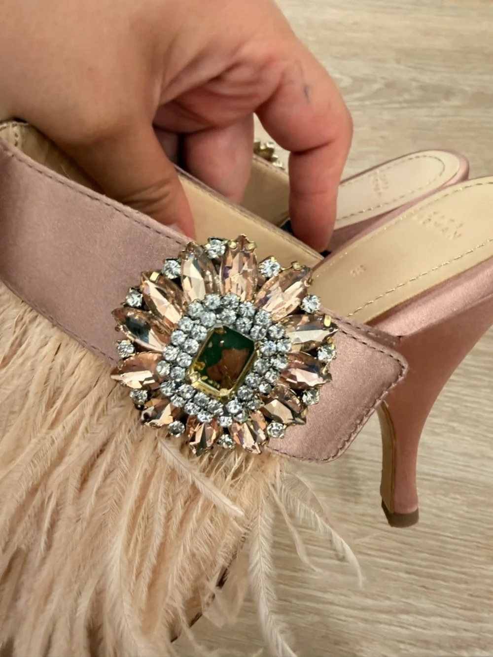 Zara Blush Feather Mule Heels with Crystal Buckle - Picture 4 of 7